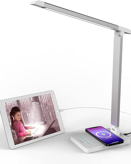 Eye-Caring LED Desk Lamp Table Lamp Reading Lamp Touch lamp with Wireless Charger and USB Port,Foldable Dimmable Small Table Desk Lamp for Living Room Bedroom Bedside Office Study,Modern White - LeafyLoom