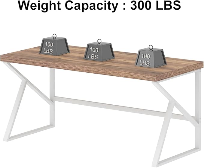 HSH Farmhouse Computer Desk, Large Home Office PC Desk, Modern Simple Metal Wood Desk Workstation for Executive Writing Study, Rustic Long Bedroom Living Room Table, White and Rustic Oak, 60 Inch - LeafyLoom