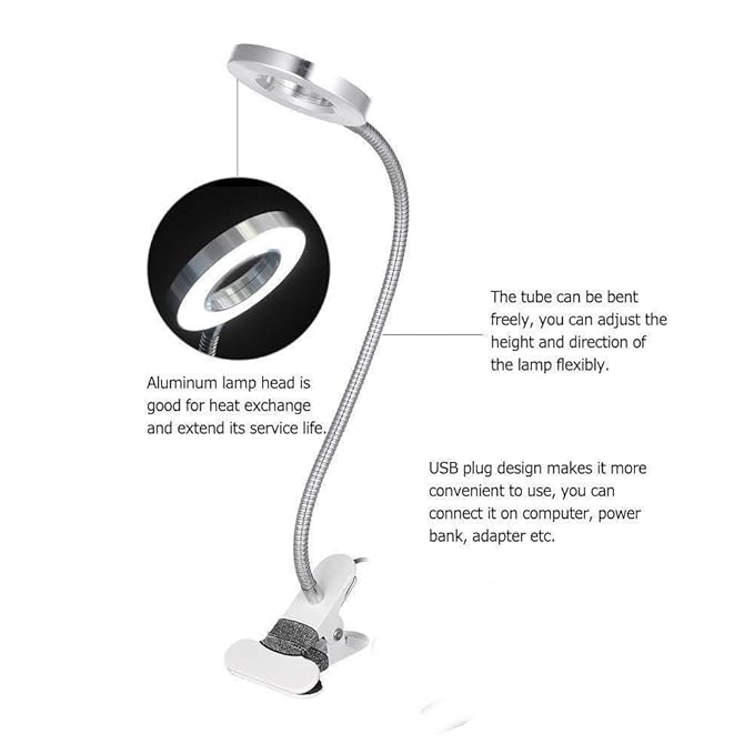 Clip on Lamp Pinkiou Desk Lamp with Clamp for Night Reading Nail Art Makeup Salon LED USB Book Light Clip Clamp Lamp 360°Flexible Gooseneck Bed Lamp 3 Color Models - LeafyLoom