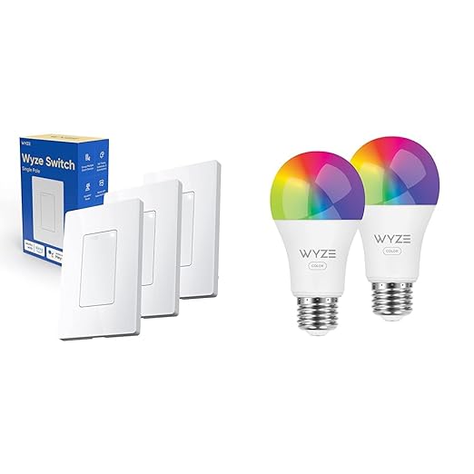 Wyze Switch, 2.4 GHz WiFi Smart Light Switch, Single-Pole, Needs Neutral Wire, White & Bulb Color, 1100 Lumen WiFi RGB and Tunable White A19 Smart Bulb, Works with Alexa and Google Assistant, Two-Pack WYZE