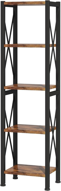5-Tier Narrow Bookshelf, Ladder Bookshelf, Tall Bookshelf for Bedroom with Open Shelves, Office Bookshelf, Industrial Standing Bookshelf for Bedroom, Living Room and Home Office - LeafyLoom