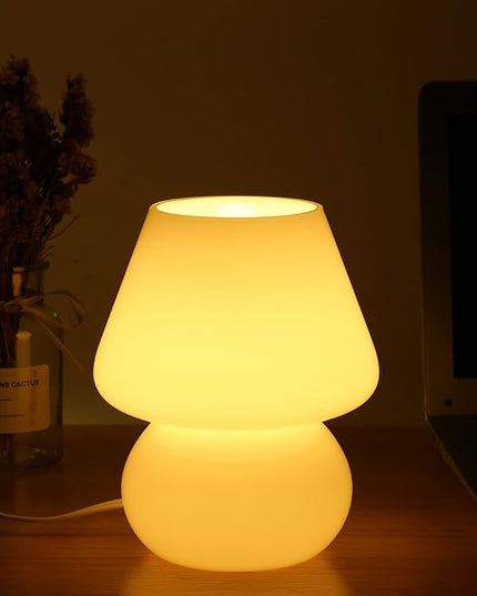 BSOD Mushroom lamp,Glass Mushroom Bedside Table Lamp Translucent Murano Vintage Style Striped Small Nightstand Desklamp Swirl Light for Home Decor, Dining, Living, Bedroom, Gift (Matte White) - LeafyLoom