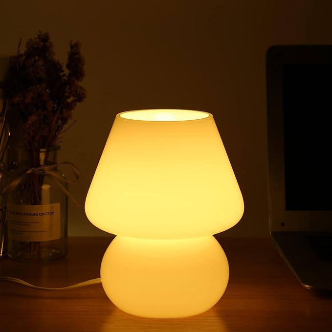 BSOD Mushroom lamp,Glass Mushroom Bedside Table Lamp Translucent Murano Vintage Style Striped Small Nightstand Desklamp Swirl Light for Home Decor, Dining, Living, Bedroom, Gift (Matte White) - LeafyLoom