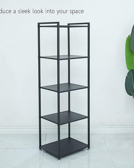 Display Shelf, 5-Tier Shelf Stand, Black Metal Thin Narrow Tall Large Corner Shelf Bookshelf Freestanding for Bedroom Shop Commercial Retail Storage(19.7x15.7x63)… - LeafyLoom