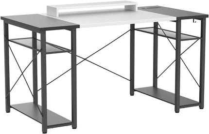 armocity Computer Desk with LED Lights, 55 Inch Desk with Power Outlet and USB, Reversible Large Desk with Moveable Monitor Stand, 55.2'' Gaming PC Table for Home Office, Workstation, White and Black - LeafyLoom