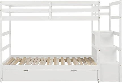 Wooden Bunk Bed Twin Over Twin/King Size with Stairs Storage and Trundle, Extendable Bunkbeds with Two Open Shelves and Drawer, for Kids Teens Adults Bedroom, White - LeafyLoom