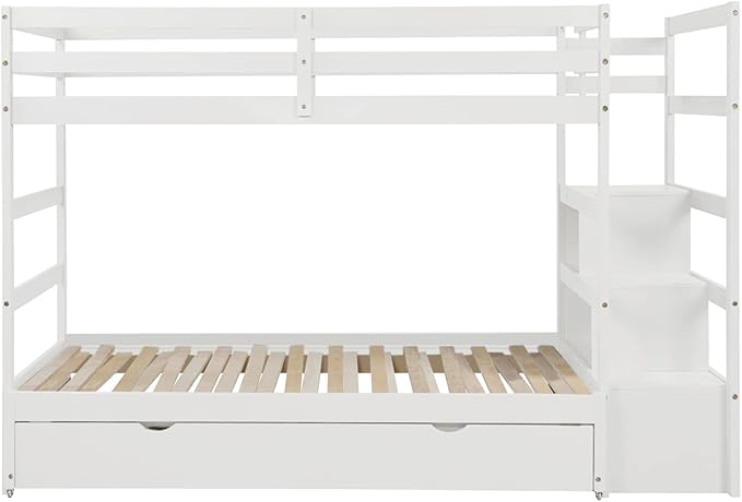 Wooden Bunk Bed Twin Over Twin/King Size with Stairs Storage and Trundle, Extendable Bunkbeds with Two Open Shelves and Drawer, for Kids Teens Adults Bedroom, White - LeafyLoom