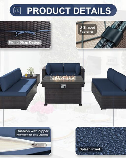 Patio Furniture Set with Fire Pit Table 8-Piece Outdoor Sectional Furniture Outdoor Rattan Patio Conversation Sets with 43in 55,000 BTU Propane Gas Fire Pit Table Glass Table, Navy Blue - LeafyLoom