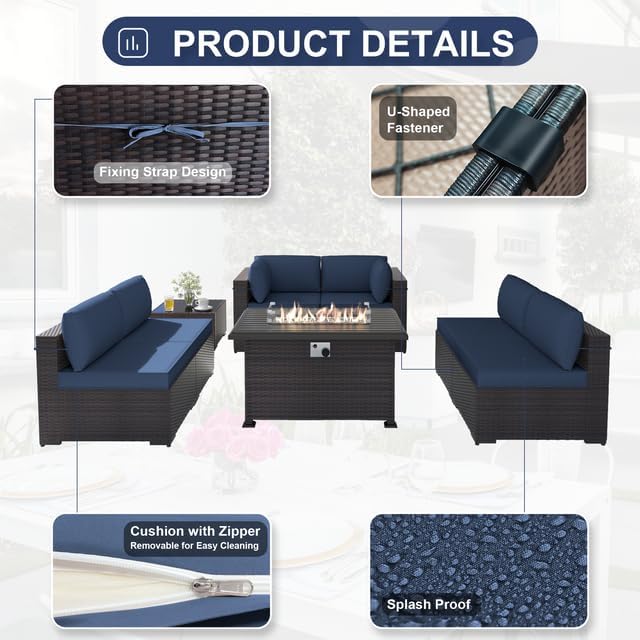 Patio Furniture Set with Fire Pit Table 8-Piece Outdoor Sectional Furniture Outdoor Rattan Patio Conversation Sets with 43in 55,000 BTU Propane Gas Fire Pit Table Glass Table, Navy Blue - LeafyLoom