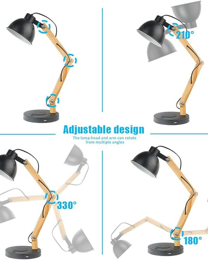 ELINKUME LED Desk Working Lamp with Charging(Wireless/USB-A/Typ-C),Wood Swing Arm Table Bedside Lamp, Black Metal Lampshade,Vintage Reading Light for Office,Study,Bedroom,Living Room(Excluding Bulb) - LeafyLoom