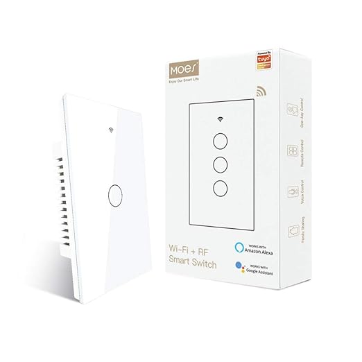 MOES 2.4GHz WiFi Wall Touch Smart Switch Neutral Wire Required, 3 Way Multi-Control, Glass Panel Light Switch Work with Smart Life/Tuya App, RF433 Remote Control, Alexa and Google Home White 1 Gang MOES
