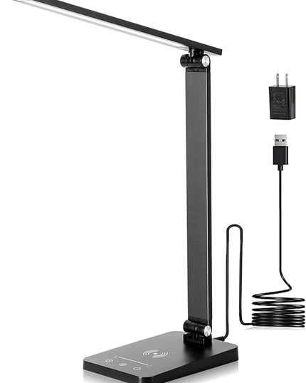 LED Desk Lamp for Home Office, 3 Levels Dimmable Desk Light with USB Charging Port, Small Study Lamp, Reading Light for Table, Deep Black, 5000K - LeafyLoom