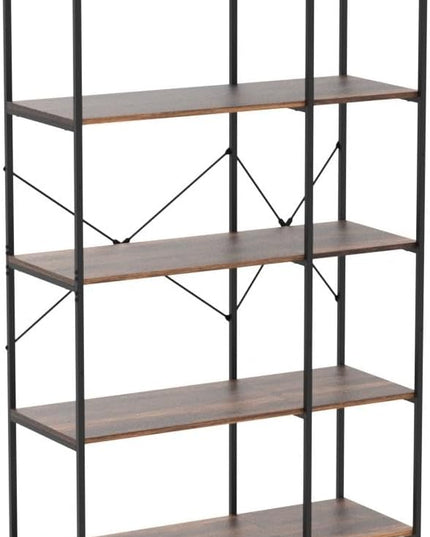 Bookshelf 5 Tier Deformable Corner Bookcase Free Standing Modern Industrial Book Storage Display Book Shelf for Bedroom Living Room Study Room Office (Brown) - LeafyLoom