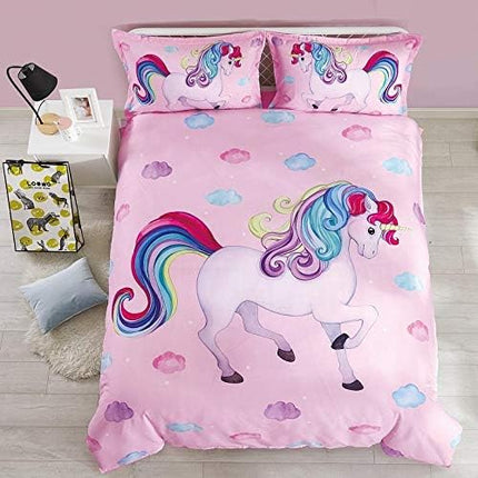 Wowelife Unicorn Comforter Set Queen 5 Pieces Unicorn Bedding Set Pink Rainbow Kids Bedding Set Bed in a Bag for Boys and Girls with Comforter, Flat Sheet, Fitted Sheet and 2 Pillowcases - LeafyLoom