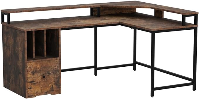 YITAHOME L Shaped Desk with Power Outlets & LED Lights, 67" Computer Desk with File Drawer, Corner Desk Home Office Desk with Monitor Stand & 3 Cubbies Storage Shelves, Rustic Brown - LeafyLoom