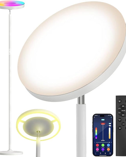 Keepsmile Double Side Lighting White Led Floor Lamp with Remote Smart App 36W 2600LM Bright Tall Standing RGB Angle Multicolor Dimmable Modern Floor Lamps for Living Room Bedroom Office - LeafyLoom