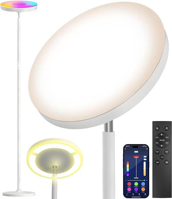 Keepsmile Double Side Lighting White Led Floor Lamp with Remote Smart App 36W 2600LM Bright Tall Standing RGB Angle Multicolor Dimmable Modern Floor Lamps for Living Room Bedroom Office - LeafyLoom