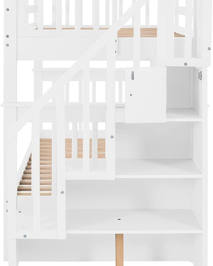 Twin Over Twin Bunk Bed with Storage Stairs, Detachable into Two Platform Bedframe, Wooden Bunkbeds with Staircase, Bedroom Furniture for Kids Teens Adults, White - LeafyLoom