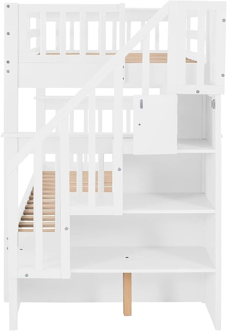 Twin Over Twin Bunk Bed with Storage Stairs, Detachable into Two Platform Bedframe, Wooden Bunkbeds with Staircase, Bedroom Furniture for Kids Teens Adults, White - LeafyLoom
