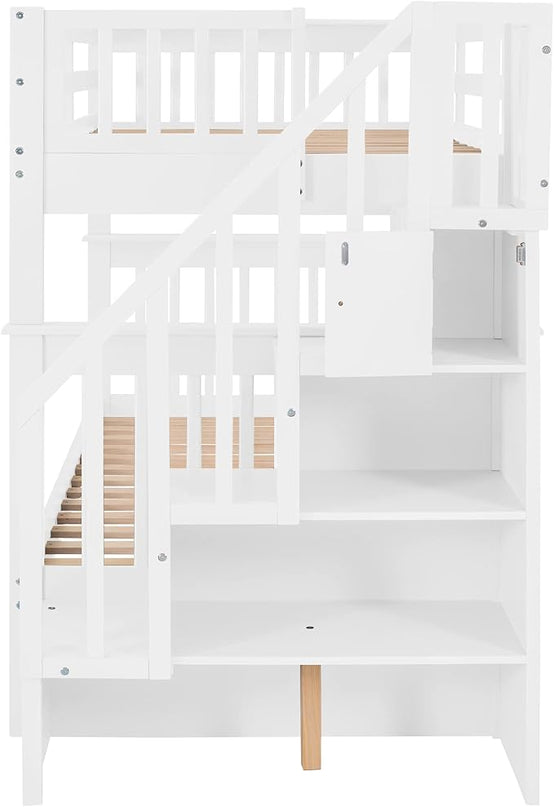 Twin Over Twin Bunk Bed with Storage Stairs, Detachable into Two Platform Bedframe, Wooden Bunkbeds with Staircase, Bedroom Furniture for Kids Teens Adults, White - LeafyLoom