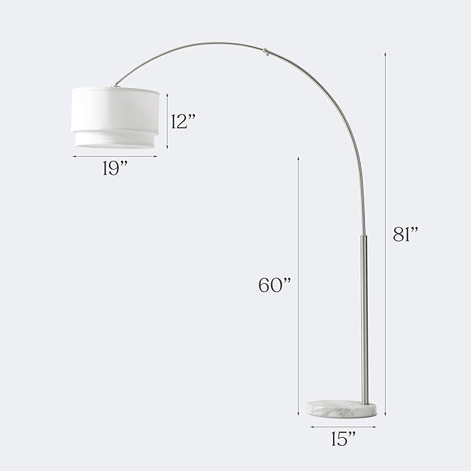 Brightech Mason Arc Floor Lamp - Modern Corner Standing Lamp with Unique Hanging Drum Lamp Shade for Living Room - Bright Overhead, Curved Hanging Light for Bedroom. Library, Den - Nickel - LeafyLoom