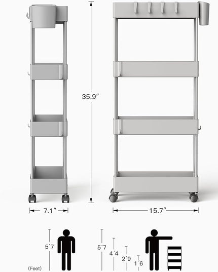 Pipishell Slim Storage Cart with Wheels, 4 Tier Bathroom Storage Organizer Rolling Utility Cart for Bathroom Kitchen Laundry Room Office Narrow Place (Gray) - LeafyLoom