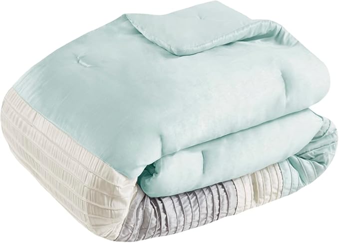 Madison Park Amherst Faux Silk Comforter Set-Casual Contemporary Design All Season Down Alternative Bedding, Matching Shams, Bedskirt, Decorative Pillows, King(104"x92"), Aqua, 7 Piece (MP10-2980) - LeafyLoom