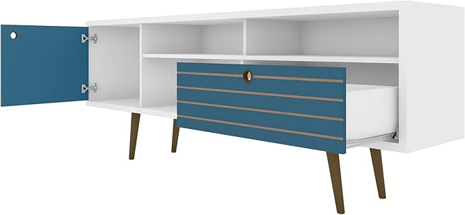 Manhattan Comfort Liberty Mid Century Modern TV Stand for Televisions up to 65 Inches, Bedroom and Living Room Entertainment Center with Storage, Shelves, and Cabinet, 71" Wide, White and Aqua Blue - LeafyLoom