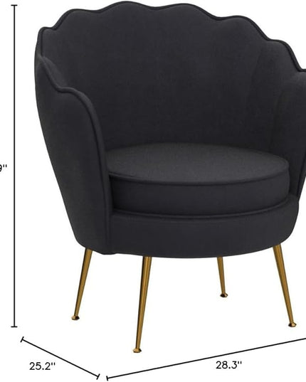 Velvet Barrel Accent Chair with Scalloped Silhouette and Gold Metal Legs, Decorative Piece Suitable for Traditional, Modern, and Contemporary Spaces, Black - LeafyLoom