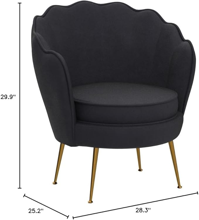 Velvet Barrel Accent Chair with Scalloped Silhouette and Gold Metal Legs, Decorative Piece Suitable for Traditional, Modern, and Contemporary Spaces, Black - LeafyLoom