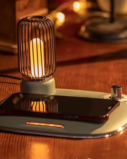 Bedside Desk Table Lamp LED with Wireless Charger Night Sleep Light Mode Dimmable Control Rotary Switch Rustic Simple Rotary Switch Metal Lamps cage QI Fast Charging Pad (White) - LeafyLoom