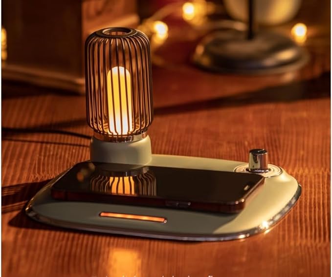 Bedside Desk Table Lamp LED with Wireless Charger Night Sleep Light Mode Dimmable Control Rotary Switch Rustic Simple Rotary Switch Metal Lamps cage QI Fast Charging Pad (White) - LeafyLoom