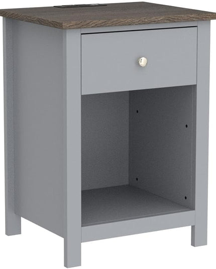 ChooChoo Nightstand with Charging Station, Wooden Top Bedside Table with Drawer and Storage Space for Bedroom, Grey - LeafyLoom