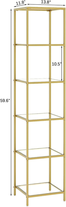 6-Tier Bookshelf,Metal Bookcase,Tempered Glass Shelves,Storage Rack Shelf for Home Office,Living Room,Bedroom, Bathroom,Modern Style,Golden - LeafyLoom