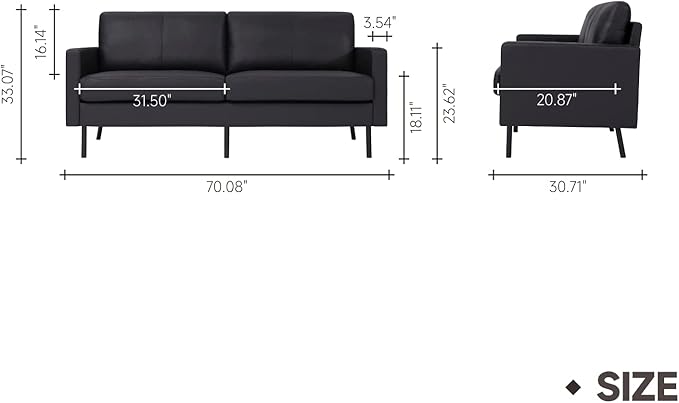 70" Top-Grain Leather Sofa, 2-Seat Upholstered Loveseat Sofa Modern Couch, Luxury Classic for Living Room Bedroom Apartment Office - LeafyLoom