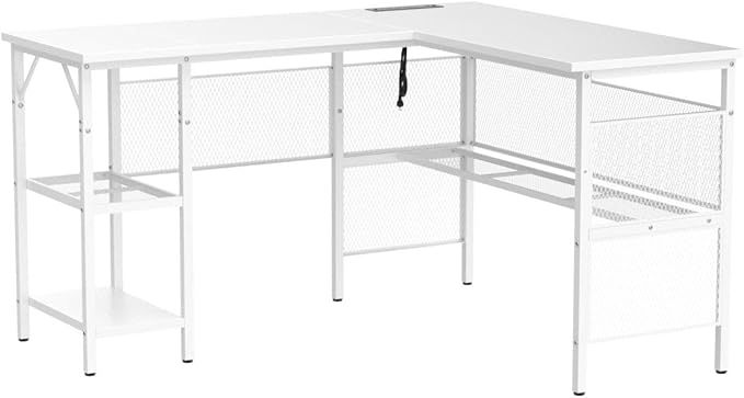 Unikito Magic Portable 4 Outlets L Shaped Desk, Reversible 55 Inch L-Shaped Computer Desk with Storage Shelf and USB Charging Port, Unique Grid Design, Large Gaming Corner Table for Home Office, White - LeafyLoom