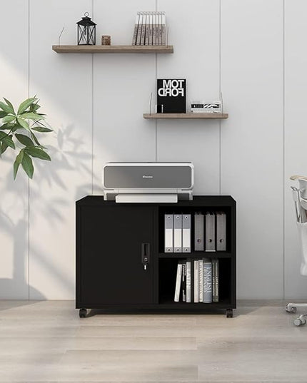 Metal Mobile Lateral File Cabinet, Storage Locker,Printer Stand with Open Storage Shelves for Office,School,Home,Living Room. (Black) - LeafyLoom