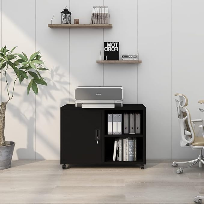 Metal Mobile Lateral File Cabinet, Storage Locker,Printer Stand with Open Storage Shelves for Office,School,Home,Living Room. (Black) - LeafyLoom