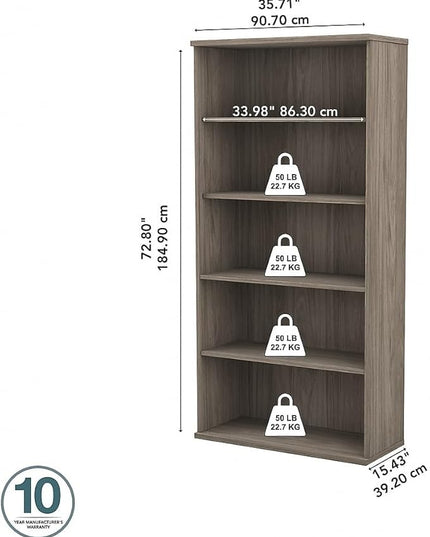 Bush Business Furniture Studio C 73"H 5-Shelf Bookcase with Adjustable Shelves, Modern Hickory Laminated Wood (SCB136MH) - LeafyLoom