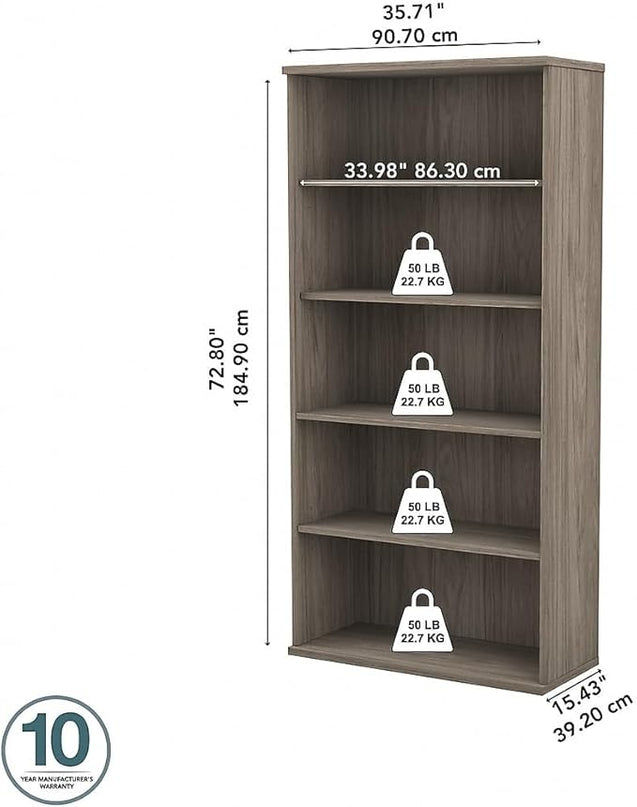 Bush Business Furniture Studio C 73"H 5-Shelf Bookcase with Adjustable Shelves, Modern Hickory Laminated Wood (SCB136MH) - LeafyLoom