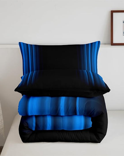 Geometric Abstract Ombre Comforter Set Kids Teens Blue and Black Striped Bedding Bed Set Decor Modern Fashion Comforter Inner Fill Bedroom Collection 2Pcs Twin Size - LeafyLoom
