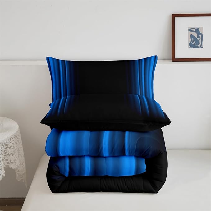 Geometric Abstract Ombre Comforter Set Kids Teens Blue Black Striped Bedding Bed Set Decor Modern Fashion Comforter Collection 3Pcs King Size Boys - LeafyLoom