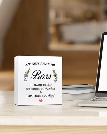 A Truly Amazing Boss is Hard to Find Wooden Sign Desk Decor,Inspirational Wood Block Sign Desk Decorations for Home Office Desk Shelf Table Decor,Best Boss Mentor Gifts - LeafyLoom