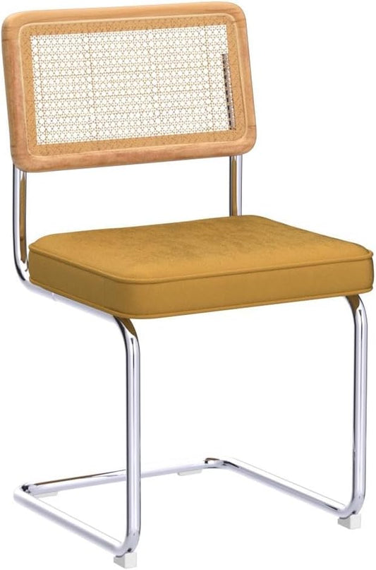 Zesthouse Mid Century Modern Dining Chairs Set of 2, Velvet Accent Chairs with Natural Cane Back & Stainless Chrome Base, Famous Breuer Designed Chairs, Upholstered Rattan Kitchen Chairs - LeafyLoom