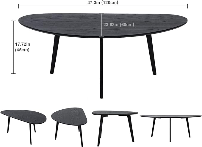 FIRMINANA Mid Century Modern Coffee Table,Large Oval Black Coffee Table for Living Room,Oval Small Mangotop Black Coffee Table for Small Spaces,Black-47.3" W x23.63 D x 17.72" H - LeafyLoom