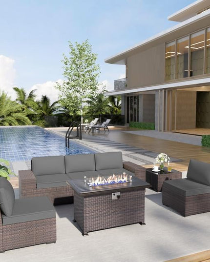 Patio Furniture Sectional Sofa Set 7 Pieces PE Rattan Patio Conversation Set w/43in Gas Fire Pit Table, Outdoor Furniture with 55000 BTU Propane Fire Pit, Grey - LeafyLoom
