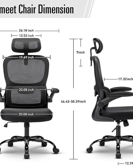 Office Chair, Ergonomic Office Chair Desk Chair with Headrest, High Back Mesh Computer Chairs for Home Office with Adjustable Back Support, 350lbs Comfortable Black Office Chair, Tilt Lock - LeafyLoom