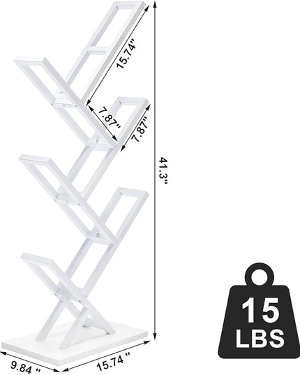 5 Tier Tree Bookshelf, Small Iron Corner Bookcase, Modern Book Shelf Storage Display Floor Standing Bookcase, Utility Organizer for CDs/Books/Home Office/Living/Bedroom Room- White - LeafyLoom