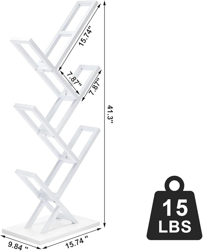 5 Tier Tree Bookshelf, Small Iron Corner Bookcase, Modern Book Shelf Storage Display Floor Standing Bookcase, Utility Organizer for CDs/Books/Home Office/Living/Bedroom Room- White - LeafyLoom