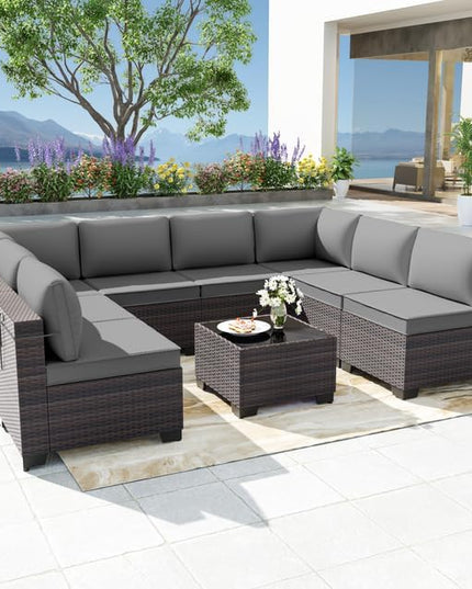 Patio Furniture Set 9-Piece Outdoor Furniture for Backyard Wicker Sectional Sofa Set, Rattan Patio Conversation Set with Thickened Cushions and Glass Coffee Table, Grey - LeafyLoom